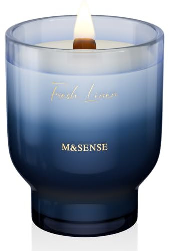 M&SENSE 470g Große Duftkerze Frische Leinen mit Knisterndem Holzdocht - 95 Stunden Lang Brennende Sojawachs Duftkerzen im Glas, Luxusgeschenke für Frauen, Ungiftige Aromatherapiekerze