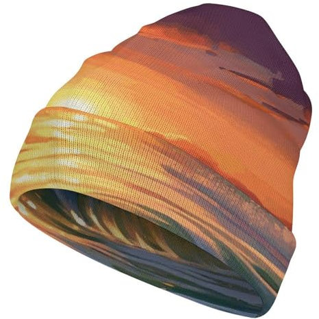 FZQVSWTX Strickmütze für Damen und Herren, niedlicher Sonnenuntergang am Meer, bedruckt, modisch, weich und warm, Strickmütze mit Bündchen, Sonnenuntergang am Meer, Größe 3XL, Sonnenuntergang Meer,