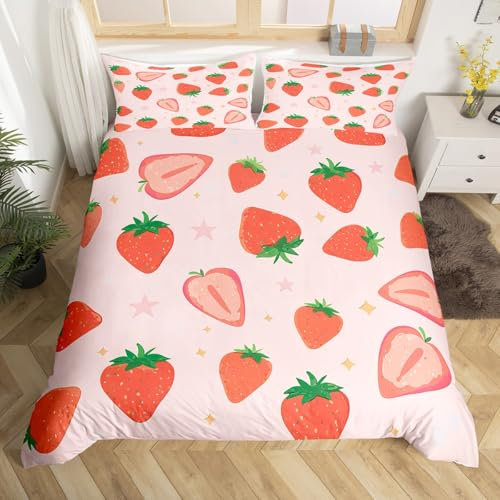 Homewish Rosa Erdbeer Bettwäsche Set 155x220 für Kinder,Sommer Obst Bettbezug für Jungen Mädchen,Yummy Erdbeer Bettbezug,Cartoon Doodle Sterne Bett Set,mit 1 Kissenbezug Atmungsaktiv