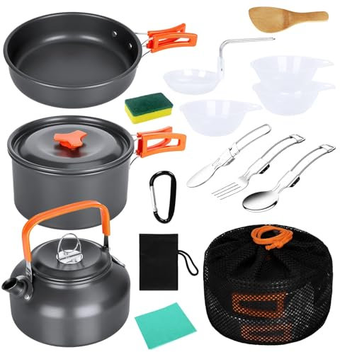 USHOP 15 Pcs Kit de Utensilios Cocina Camping,Vajilla de Camping de Aluminio,Cocina Portátil Juego de Utensilios de Cocina para Pícnic Al Aire Libre Senderismo Acampada Viajes Montañismo, 2-3 Personen