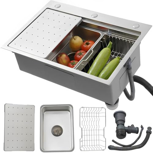 Fregadero de cocina SUS 304, 1 platillo, 60 x 50 cm, incluye cesta de drenaje y sifón, incluye fregadero interior de repuesto y tabla de cortar, lavabo de cocina con orificio para grifo