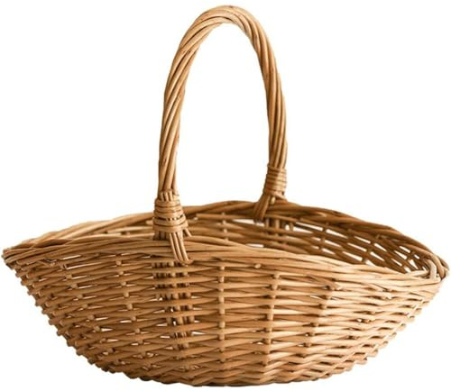 Natural Woven Willow Picnic Basket with Handle - Handcrafted Wicker Storage Basket for Picnic, Shopping, Home Organization, Gifts - Light Brown, Large Capacity, 15.7x13.4x12.5 Inches