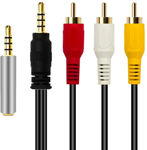 TechSide Cinch-Kabel 1,5 m | Stecker auf 3,5 mm Klinke | OMTP/CTIA Adapter im Lieferumfang enthalten | Audio-Video-Kabel für Camcorder, VHS-Konverter und Grabber