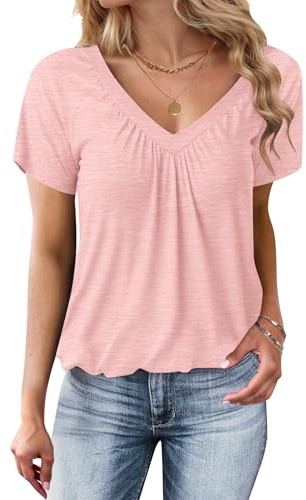 WNEEDU Tshirt Damen Sommer - V Ausschnitt Kurzarm Oberteile Basic Tops | Casual Lockere Bluse,T-shirt mit Plissiertes Frontmieder,Blasen-Saum,Leicht und Luftig,Shirt mit Gummizug am Saum