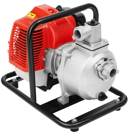 43cc 2-Takt Benzin Wasserpumpe,1.25KW Schmutzwasserpumpe mit 8500RPM,30m Förderhöhe & 135L/min Durchfluss,1200ml Gartenpumpe aus kohlenstoffstahl für Bewässerung,Entwässerung und Wasserversorgung