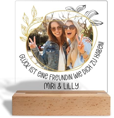 True Statements Personalisiertes Glasbild mit Foto und Namen „Glück ist eine Freundin wie dich zu haben!“ - Acrylglas inkl. Holzsockel - 15x18 cm - Foto-Geschenk, Acrylaufsteller mit LED-Sockel