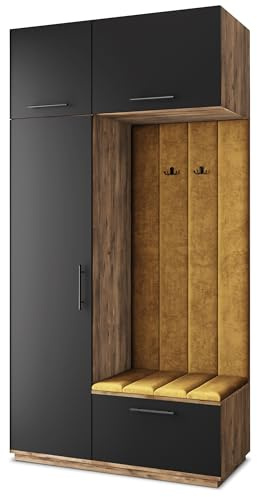Masseno Flugarderoben Set Rema, Kleiderschrank-Set mit Sitzbank, Garderobenschrank Flur mit 5 Regalböden, Eiche Lefkas/Schwarz
