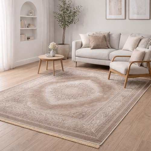VIMODA Teppich Kurzflor Moderner Teppich mit Ornament-Muster – Pflegeleicht & Robust – Für Fußbodenheizung geeignet,Maße:240 x 340 cm;Farbe:Beige