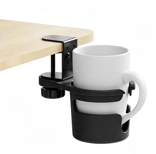 Desk Cup Holder Clamp with 360 Degree Rotation, Adjustable Anti Spill Table Edge Beverage Rack, Non Tipping Clip On Water Bottle Stand for Home Office School, Space Saving Easy Install