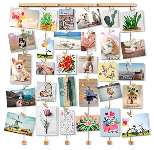 Love-KANKEI Wall Hanging Picture Photo Frames 26 by 29 Inch | with 30 Wooden Clips - Wire Artworks Prints Cards Holder Organizer Collage Multi Picture Photo Display FAMILY Frame