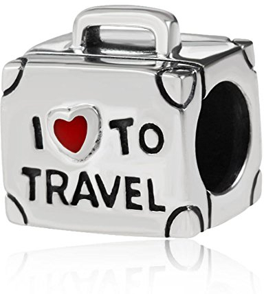 Charm-Anhänger für Pandora-Charm-Armband mit englischer Aufschrift „I Love to Travel, 925er Sterlingsilber, Koffer