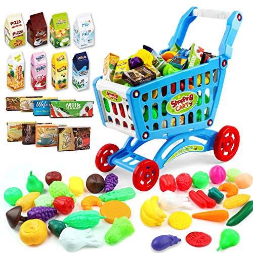 deAO Kids Shopping Cart Trolley Toy, 65pcs Supermarket Playset Cart with Food Fruit Vegetables, POS Machine, Plastic Money and Shopping Cards - Pretend to Play Role Play Educational Toy (Blue)