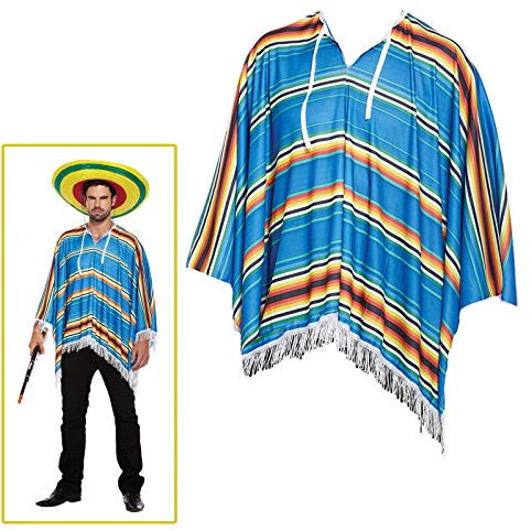 Mega_JumbleSale® Men's Poncho Blue Tequila Bandito Mexican Cowboy Fancy Dress Costume - Fun Theme Party Stag Night Club Cosplay Dress Up