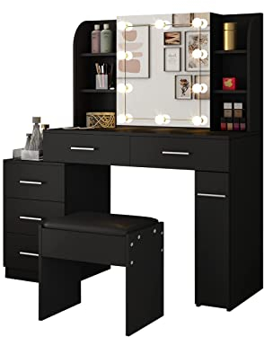 Modern Makeup Vanity Table with Sliding Mirror & 3-Mode LED Lights, Dressing Table with 5 Large Drawer, LED Lights & PU Stool for Bedroom, Black