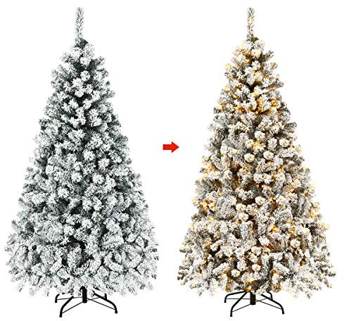 GYMAX 6FT Pre-Lit Christmas Tree, Hinged Artificial Snow Flocked Xmas Tree with 600 Branch Tips, 250 LED Lights and Metal Stand, Holiday Decor for Living Room, Doorway and Shop