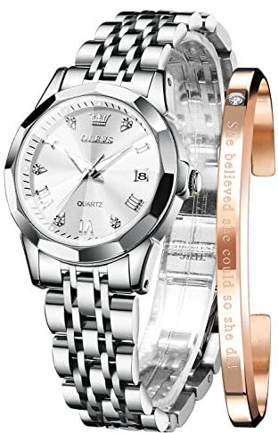 OLEVS Damenuhr Diamant Analoge Armbanduhr mit Kleines Gesicht Silber Edelstahlband wasserdichte Datum Uhr