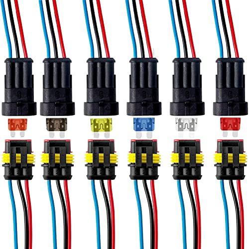VISSQH 6 Kits Imperméable à l'eau Connecteur 12V Voiture,Connecteurs Electriques DC 12V, 3 Pin Connecteurs de Fil Électrique,Électrique Prise Mâle et Femelle, pour voiture, moto, scooter