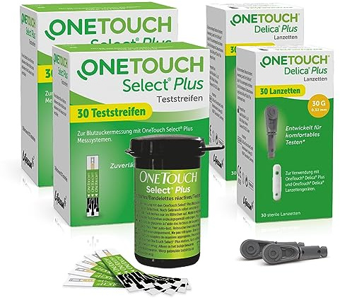 OneTouch Select Plus Kombi-Pack M für Blutzuckermessung |Teststreifen & Lanzetten für Diabetes (Zucker-Krankheit)| 60 Tests | 2 Packungen Teststreifen, je 30 Stück I 2 Packungen Lanzetten,je 30 Stück