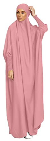 BRONG Damen Muslimisches Einteiliges Gebetskleid Abaya Jilbab Frauen Musselin Dubai Türkei Robe Gebet Jilbab Ganzkörper Maxi Kleid mit Hijab Rosa