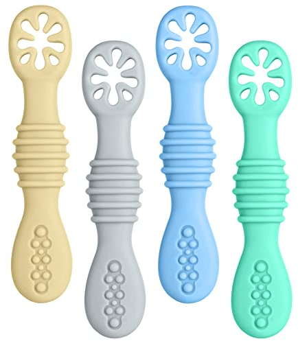 Vicloon Cuillère en Silicone pour Bébé, 4PCS Cuillères Bébé Apprentissage Ustensile d'apprentissage Adapté à Dentition Première Étape Recommandé par Les Experts Sevrage