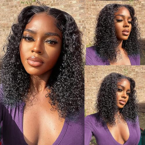Perruque Femme Naturelle Brésilienne Bouclée Cheveux Humains Deep Wave 13x4 Lace Front Wig Human Hair 150% Density Lace Frontal Noire 14 Pouces