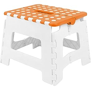 Sterun Marchepied pliable avec poignée de transport et repose-pieds antidérapant pour enfants, adultes | Marchepied pliable | Marchepied pliable | Marche pliable (22,9 cm, orange/blanc)