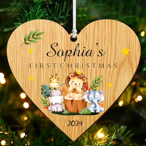 Personalised Baby's First Christmas Bauble Ornaments Gifts 2025 Christmas Tree Decorations with Any Name Custom Wooden Hanging UV Print Xmas Gifts for Baby Kids Son Daughter(Heart, Design 1)