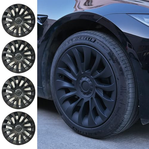 KAVANIC 4 Stück 2025 Model 3 Highland Radabdeckung 18 Zoll Uberturbine Style Mattschwarz ABS Felgenschutzabdeckung,2023-2025 Model 3 Highland Radkappen Ersatz Unterstützung Logo