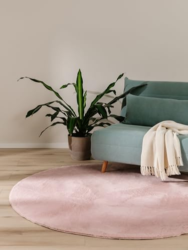 benuta Basic Kunstfaser Fellteppich Furry - Rosa Rund 80 cm - Weicher Wohnzimmerteppich - Anti-Rutsch-Rückseite - Waschbar - Für Fußbodenheizung geeignet