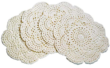 KIKAPA 4Piece 8.6 inch Napperons Crochet Rond Dentelle Napperon Napperons Faits à la Main Coton Crocheté Dessous de Verre (Beige)
