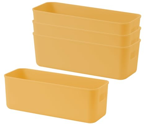 GmeDhc 4PCS Thick Plastic Storage Basket, Rectangular Storage Boxes, Storage Box with Handles, Organizer Storage for Kitchen, Home, Office, Bathroom - Yellow