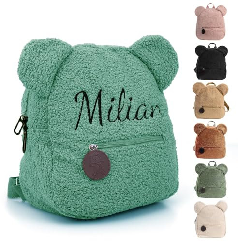 Personalisierte Rucksack Kinder mit Gestickt Name, Mini Kinderrucksack für Mädchen Junge, Kita Rucksäck Kleinkind, Klein Teddy Bär Kindergartenrucksack Schulranzen Tasche für Kindergarten (Grün)