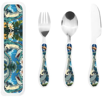 Cute Dinosaur Print Knife, Fork and Spoon Set - Stainless Steel Flatware Set with Silicone Handle for Birthday Party