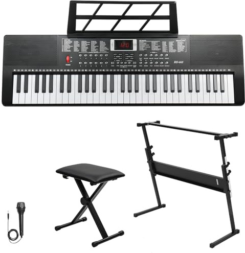 Bonnlo GEP-110S01 Piano Numérique 61 Touches, Clavier avec Support et Tabouret de Piano, Haut-Parleurs Intégrés, Casque, Microphone, Pupitre, écran LED, 3 Modes d'Apprentissage, Noir