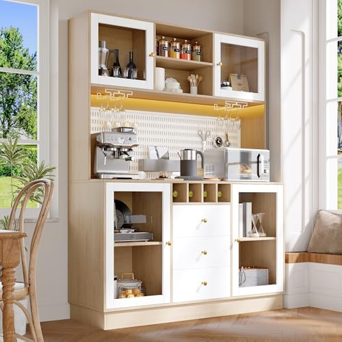 Dolamaní Armario alto de cocina 140 x 40 x 185,7 cm, armario buffet con iluminación LED inteligente, cajones, botellero y seguro antivuelco, estantes ajustables empotrables, MDF, para cocina, salón