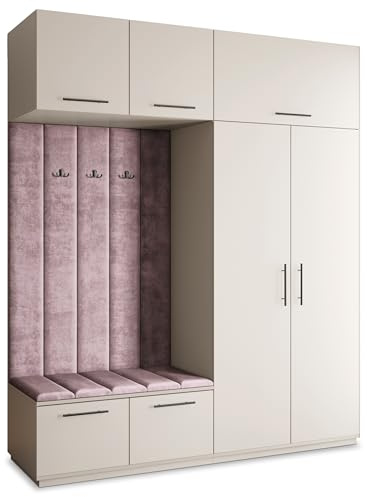 Masseno Flugarderoben Set Rema, Kleiderschrank-Set mit Sitzbank, Garderobenschrank Flur mit 5 Regalböden, Kaschmir