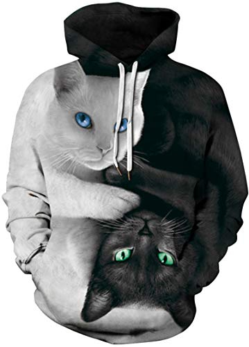 EUDOLAH Damen Pullover 3D Druck Pulli mit Tasche Digitaldruck Pulli mit Aufdruck Galaxy Tier Langarm 0-Schwarz und Weiß Katzen L-XL