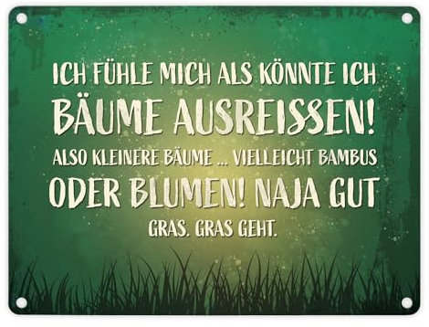 Metallschild mit Spruch: Ich fühle mich als könnte ich Bäume ausreissen!