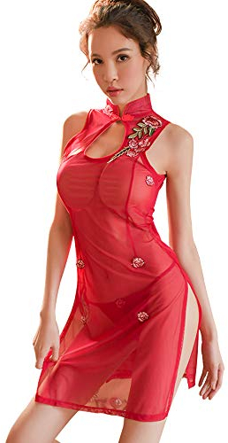 SINMIUANIME Lingerie sexy chinoise classique brodée cheongsam pour femme, Rouge 7989, Taille Unique