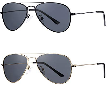 COASION Kinder Pilotenbrille mit Edelstahl Metall Gestell, verspiegelt oder getönt, Fliegerbrille, Sonnenbrille(A1 schwarz/grau+gold grau)