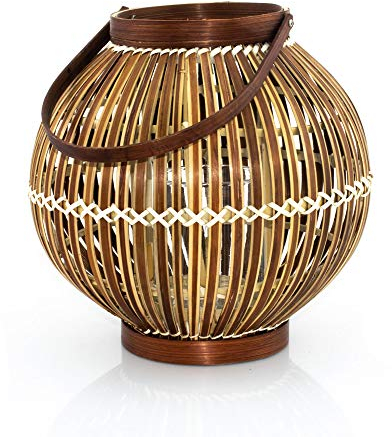 BOURGH Laterne Bambus AGIRA - Natur Holz Windlicht, Dunkelbraun, 26 cm hoch, mit Henkel, Kerzenhalter Windlicht Glas - Geeignet als Balkon Deko und für Garten, Terrasse und Wohnung
