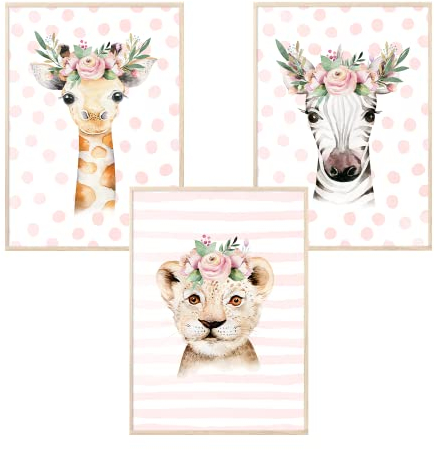 MeinBaby123® Bilder Kinderzimmer | 4er Set DIN A4 Poster Set | Wandbilder | Deko Bilder Kinderzimmer | Babyzimmer Deko | Giraff, Zebra, Löwe, Leopard (Tiere Kopfschmuck - Set 3)