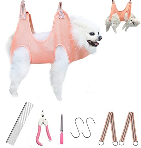 ZOSEN Haustierpflege Hängematte für Kleine Hunde und Katzen, Pflegegeschirr Set Hundeschlinge mit Nagelknipser/Nagelfeile/Haustierkamm (Pink, S)