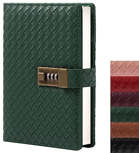TIEFOSSI B6 Leather Journal Notebook with Combination Lock, Travel Refillable Ruled Lined Writing Paper, Secret Password Gift Diary for Women Girls Boys (Green)
