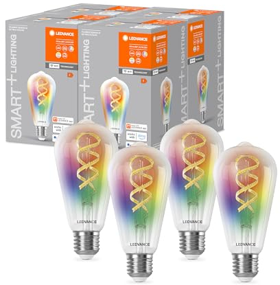 LEDVANCE SMART+ WIFI LED-Lampe, Weißglas, 4,8W, 470lm, Edison-Form mit 64mm Durchmesser & E27, regulierbares Farb- & Weißlicht, dimmbar, steuerbar per App od. Sprachsteuerung,gute Lebensdauer,4er Pack