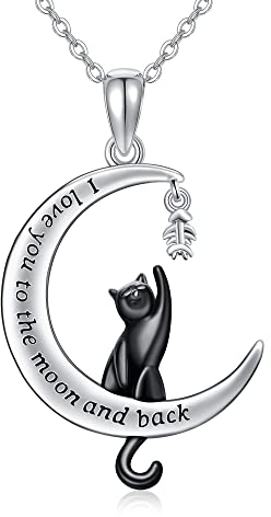 URONE Schwarze Katze Halskette Sterling Silber Schwarze Katze auf dem Mond Anhänger Katze Schmuck Geschenke für Frauen Mädchen Katzenliebhaber