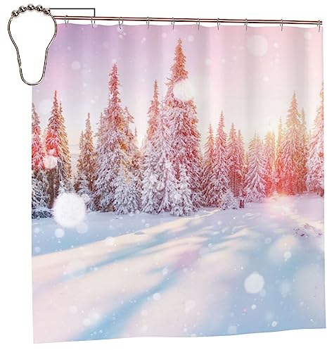 Pine Trees And Snow Under The Colorful Foam Shower Curtain 183 X 183 Cm, Waterproof Washable Bathroom Shower Curtain With 12 Hooks,Modern Bathroom Decor