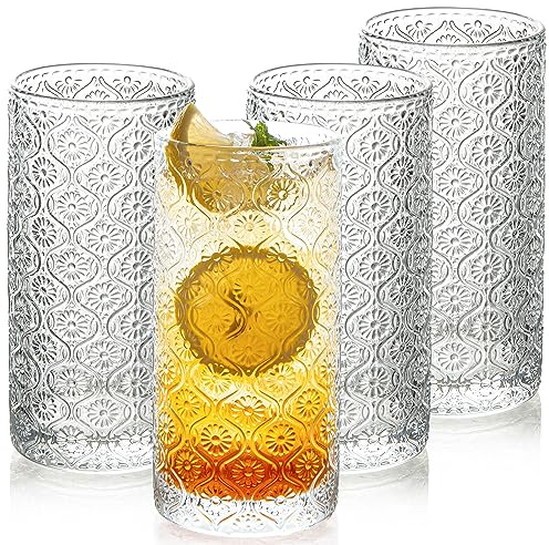 POLIDREAM Vintage Drinking Glasses with Embossed Style Set of 4 Glass Cups, 12oz Highball Cocktail Glasses, Iced Coffee Glass Tumbler, Elegant Art Deco Ribbed Glassware, Ideal for Gin, Beer