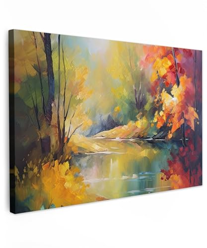MuchoWow© Leinwand 90x60 cm Deko Schlafzimmer Aesthetic Leinwandbilder Wohnzimmer Gemälde Foto Geschenk Living Room Decoration Kunstdruck - Landschaft - Öl - Fluss - Bunt