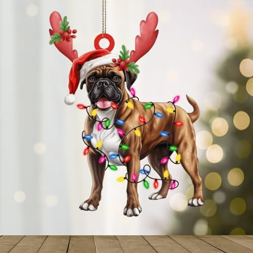 WoGuangis Boxer Weihnachten Hängende Ornament Boxer Hund Laternen Weihnachten Geweih Acryl Ornament Feiertage Dekoration Geschenk für Hundeliebhaber Weihnachtsdekorationen 12,7 cm Einweihungsgeschenk